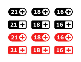 Age limit icon set. 21+, 18+, 16+ limit. Silhouette & Flat Style. Vector icons