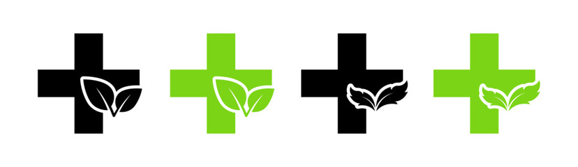 Cross icons with set leaf. Silhouette & Flat Style. Vector icons