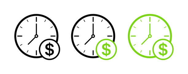 Time Money Icon Set. Dollar Watches. Linear & Flat Style. Vector icons