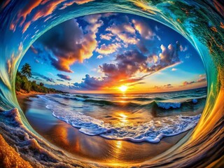 Surreal Fisheye Seascape with Dreamlike Waves and Distorted Horizons, Featuring Vibrant Colors and Ethereal Reflections in a Tranquil Coastal Environment