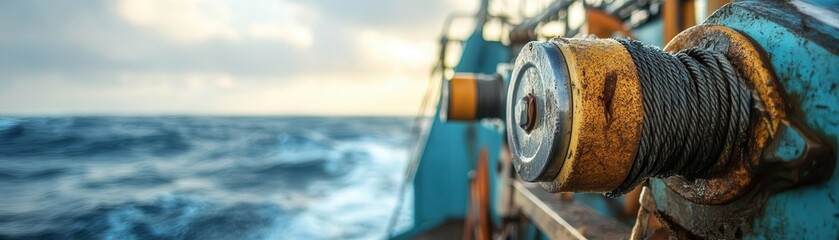 Mechanical fishing winch mounted on a trawler, industrial design, and ocean backdrop