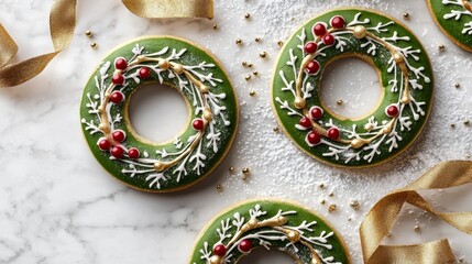 Holiday cookie platter featuring vibrant green wreath cookies, tiny red berries, gold ribbons, and a sprinkling of snow-like powdered sugar