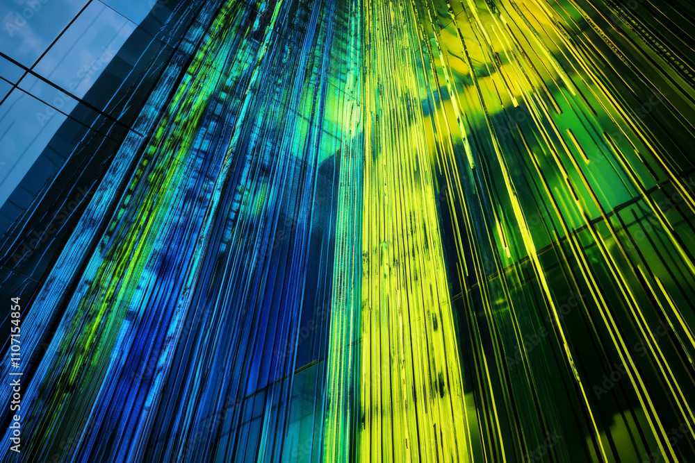 Poster abstract digital rain texture, bold neon blue and green lines cascading dynamically, futuristic and 