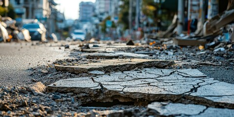 A photograph of a city street with buildings showing cracks and structural damage after an earthquake, emphasizing the need for safety measures in urban planning.
