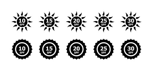 SPF sun protection icons. Silhouette style. Vector icons