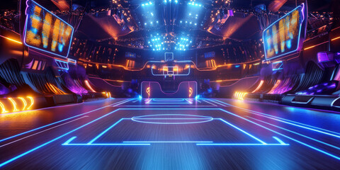 A futuristic sports arena filled with glowing LED lights, high-tech displays, and a dynamic energy. The vibrant atmosphere is ideal for competitive and entertainment themes.
