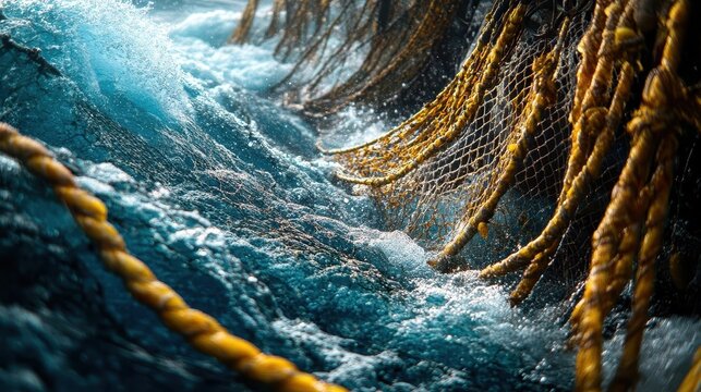 Purse seine fishing in the Pacific Ocean, large nets visible against the vibrant blue waves