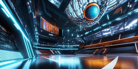 A futuristic sports arena filled with glowing LED lights, high-tech displays, and a dynamic energy. The vibrant atmosphere is ideal for competitive and entertainment themes.