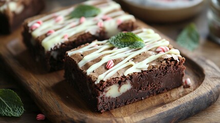Peppermint brownies styled with a drizzle of white chocolate and garnished with mint leaves on a rustic wooden plate