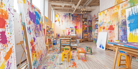 Fototapeta premium A vibrant art studio filled with canvases, paint splatters, and colorful tools of creativity. The lively and inspiring space is perfect for artistic themes.