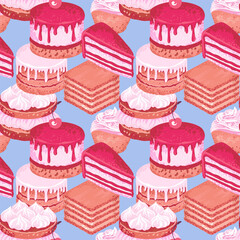 Seamless pattern featuring a variety of decadent desserts like layer cakes, cupcakes, and pastries in shades of pink and cream on a soft blue background. Design for bakery branding, fabric designs
