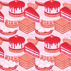 Seamless pattern featuring a variety of decadent desserts like layer cakes, cupcakes, and pastries in shades of red and beige on a soft pink background. Design for bakery branding, fabric designs