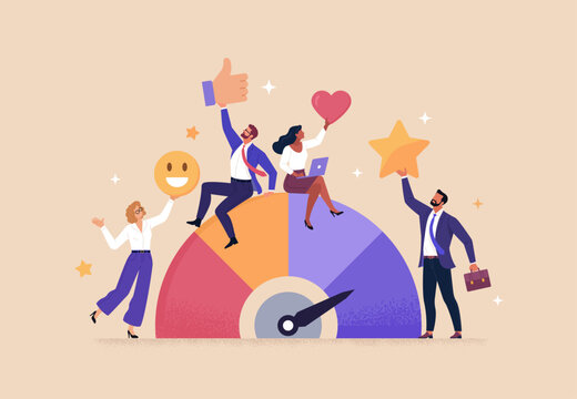 Employee Engagement Concept. Vector cartoon illustration in flat style of diverse businesspeople holding satisfaction and joy emojis in their hands against a positive-scale background.