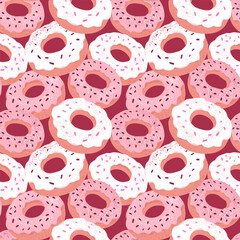 Seamless pattern featuring donuts topped with sprinkles on a brown background. Perfect repeated print for bakery packaging, cafe decor, food-themed designs, wrapping paper, and digital projects.