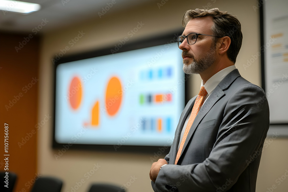 Poster a professional man stands in a meeting room, with charts displayed on a screen behind him.
