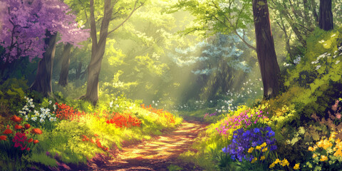 A vibrant forest trail with sunlight streaming through the canopy and colorful wildflowers along the path. The inviting scene captures the beauty of nature.