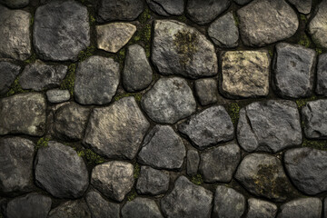 Fototapeta premium Textured cobblestone pathway, aged gray stones with mossy edges and irregular grooves, rustic and tactile
