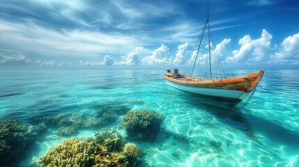 Obraz premium Traditional fishing vessel drifting near the coral reefs of the Pacific Ocean, turquoise water, tropical tones