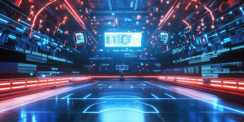 A futuristic sports arena filled with glowing LED lights, high-tech displays, and a dynamic energy. The vibrant atmosphere is ideal for competitive and entertainment themes.