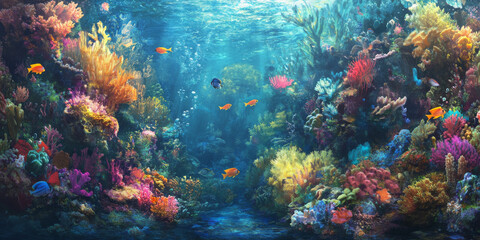 Obraz premium A vibrant underwater coral reef scene with tropical fish swimming through colorful coral formations. The clear water and bright marine life create a stunning visual.