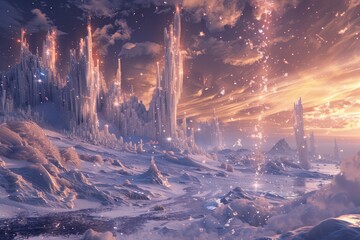 Fototapeta premium Sparkling Crystal Cityscape in a Dreamy Sunset