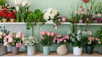 Shelf with Fresh Flowers in the Room - A charming and tranquil setting. The fresh flowers add a touch of nature and beauty to the room.