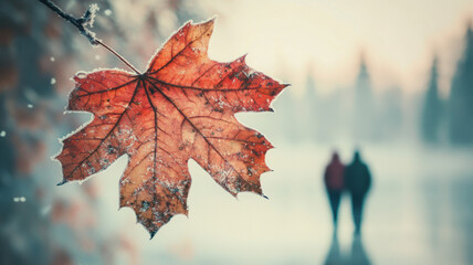 A double exposure of a winter fairy tale landscape on a maple leaf, blending surrealism, magic, and fantasy art, hanging on a tree with a blurred, foggy background.