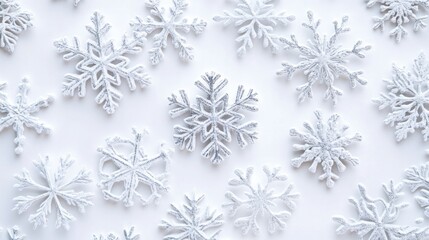 Abstract winter composition featuring 3D snowflakes delicately arranged on a white background