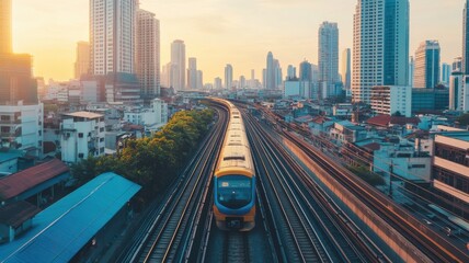 Fototapeta premium Vibrant cityscape with train motion, aerial view of urban dynamism. Aerial view train passing through
