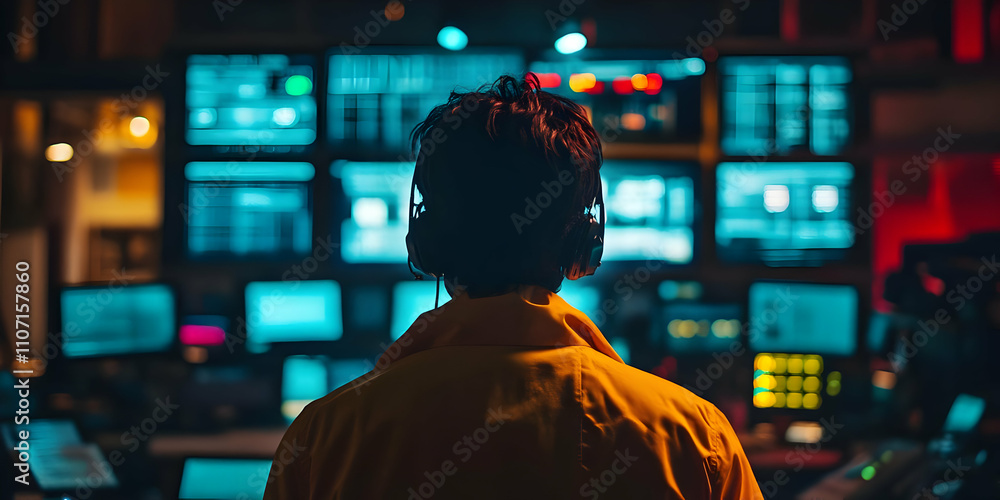 Poster A person in a headset stands before multiple screens in a control room, focused on operations.