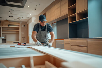 Carpenter skillfully installing wooden cabinetry in modern kitchen setup