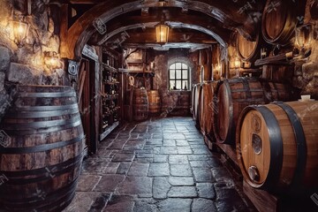 Oak wine barrels sit in a cellar with shelves holding wine bottles, jars, and glasses
