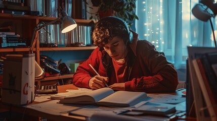 Teenager boy wearing headphones studying for exam with desk lamp, textbooks and notes