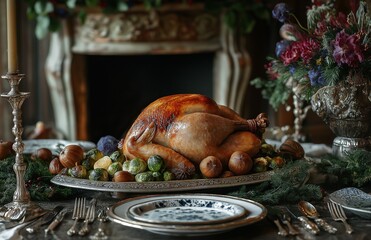 A golden Christmas turkey, fresh from the oven, is served for a festive dinner