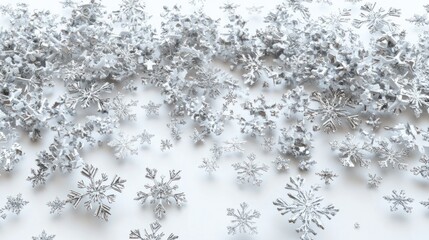 Array of 3D-rendered snowflakes scattered across a pure white background, with intricate icy details and soft lighting