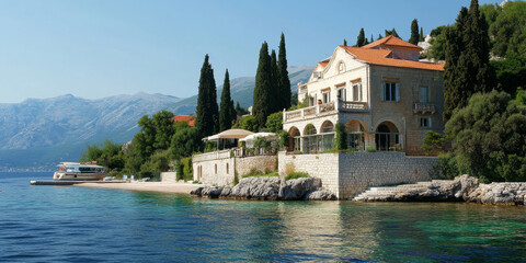 Fototapeta premium A sunny Mediterranean coastline with crystal-clear turquoise water, white sand beaches, and charming stone villas nestled in the hills. The vibrant colors evoke a sense of relaxation and luxury.
