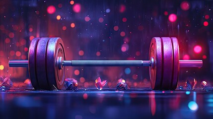 A sleek black barbell rests on a reflective surface, surrounded by vibrant bokeh lights in shades of pink and blue.