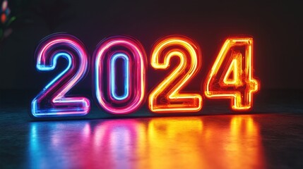 Colorful neon numbers 2024 glowing against a dark background, symbolizing the New Year celebrations.