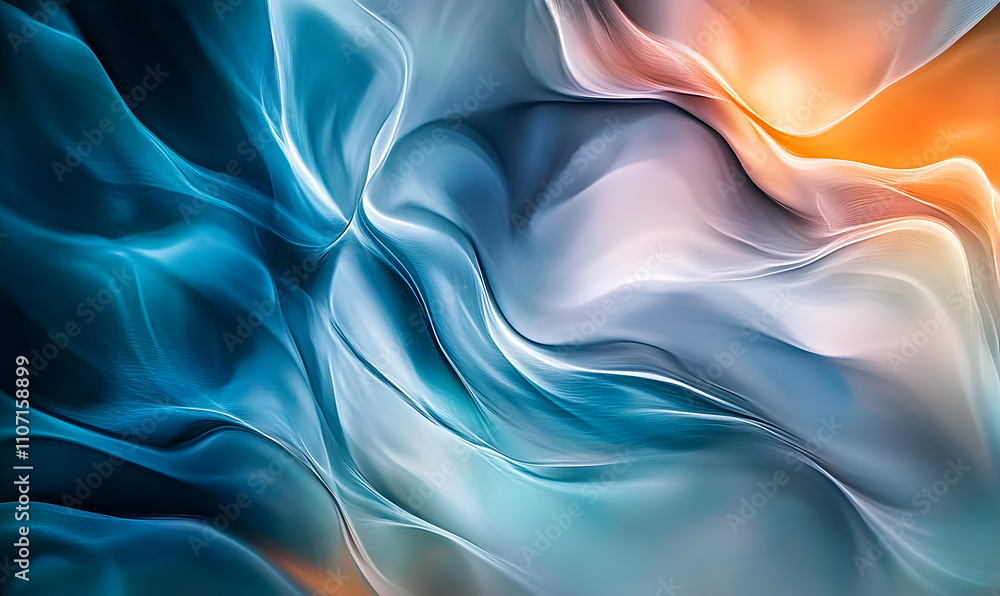 Poster abstract composition with flowing, wavy lines and soft gradients. it features a mix of blues, teals,