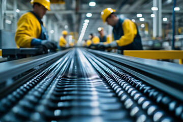 Obraz premium Diverse team collaborates on efficient production line in modern facility