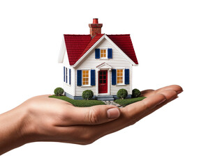 Hand holding a model house isolated on white transparent background 