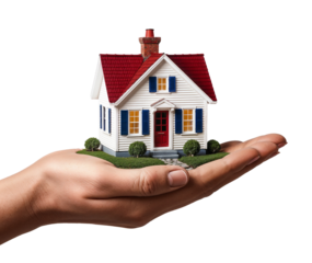 Hand holding a model house isolated on white transparent background 