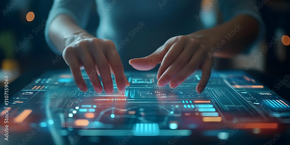 Poster Hands interacting with a futuristic touchscreen interface displaying digital data.