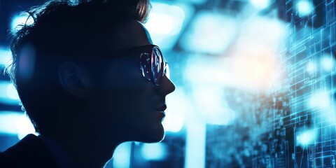 A professional hacker working with cybersecurity tools to analyze threats, set against a modern tech background that emphasizes their role in protection.