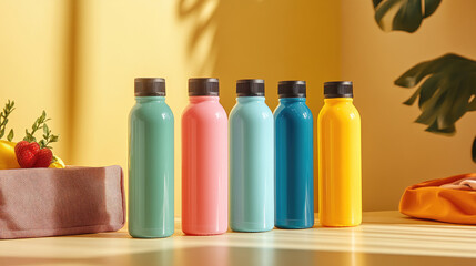 water bottles in yellow, blue, red, and pink under natural sunlight