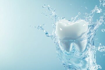 A clean white tooth falling into water symbolizes good oral hygiene and dental health with empty space for text