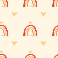 Cute seamless pattern with little hearts and rainbow. Vector pastel background. Valentine's day and love