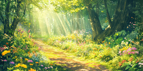 Fototapeta premium A vibrant forest trail with sunlight streaming through the canopy and colorful wildflowers along the path. The inviting scene captures the beauty of nature.