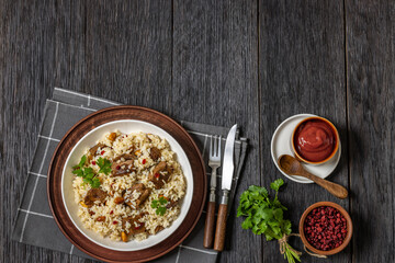 beef and rice in white bowl, top view