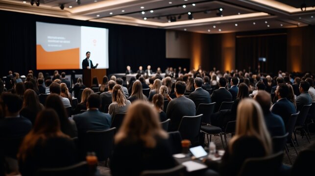 A large audience attending a professional conference in a modern conference room with a speaker at a podium and a presentation on a screen.